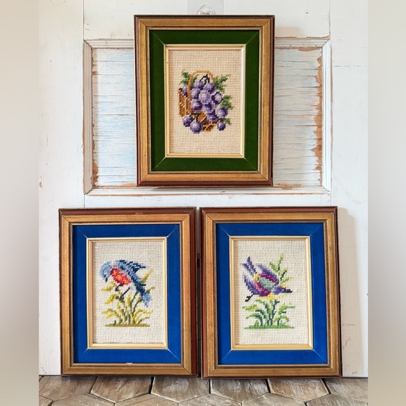Vintage Other - Vintage Bird & Grapes Needlepoint Framed Artwork, Set of 3, Wood Frames